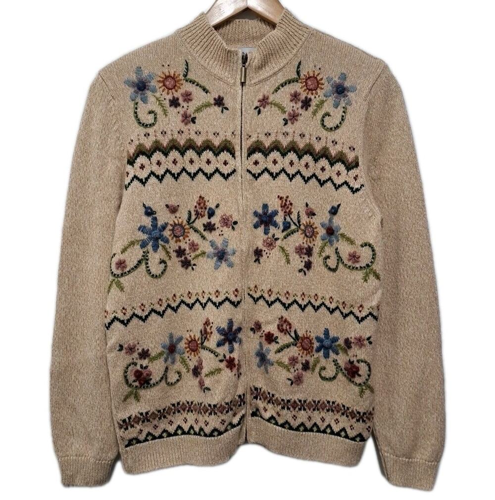 VTG Alfred Dunner Floral Embroidered Cardigan Womens L Petite Tan Full Zip